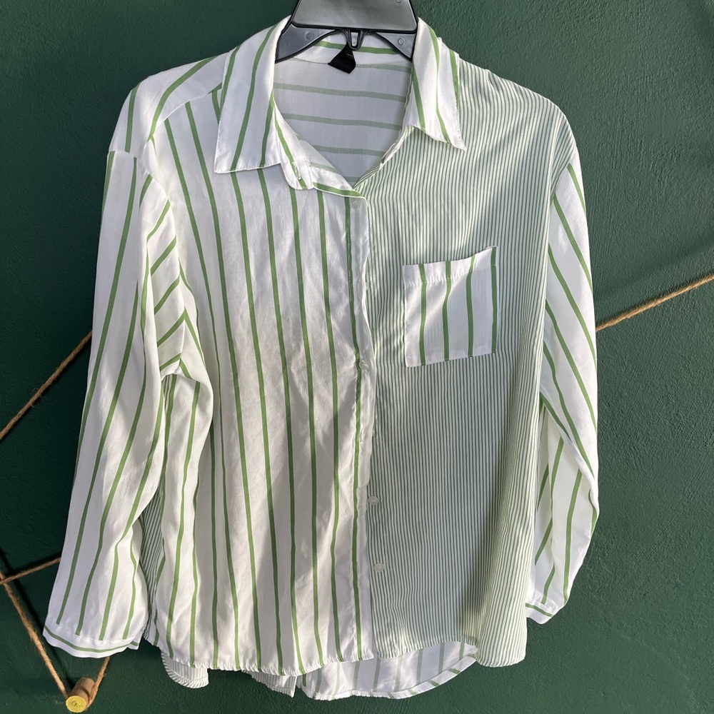 Green and White Striped Women's Blouse